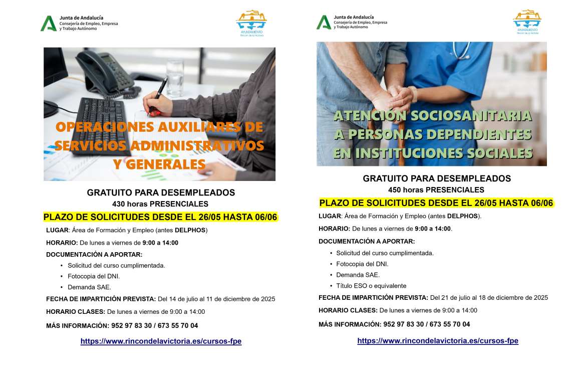 El Ayuntamiento de Rincón de la Victoria abre el plazo de solicitud para dos nuevas acciones formativas gratuitas con certificado de profesionalidad